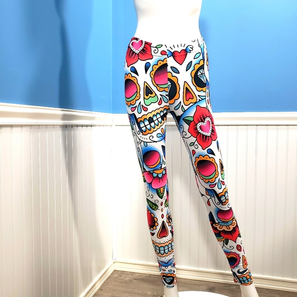 EUC GEAR BUNCH SUGAR SKULL LEGGINGS SIZE M DAY OF THE DEAD - Picture 1 of 11